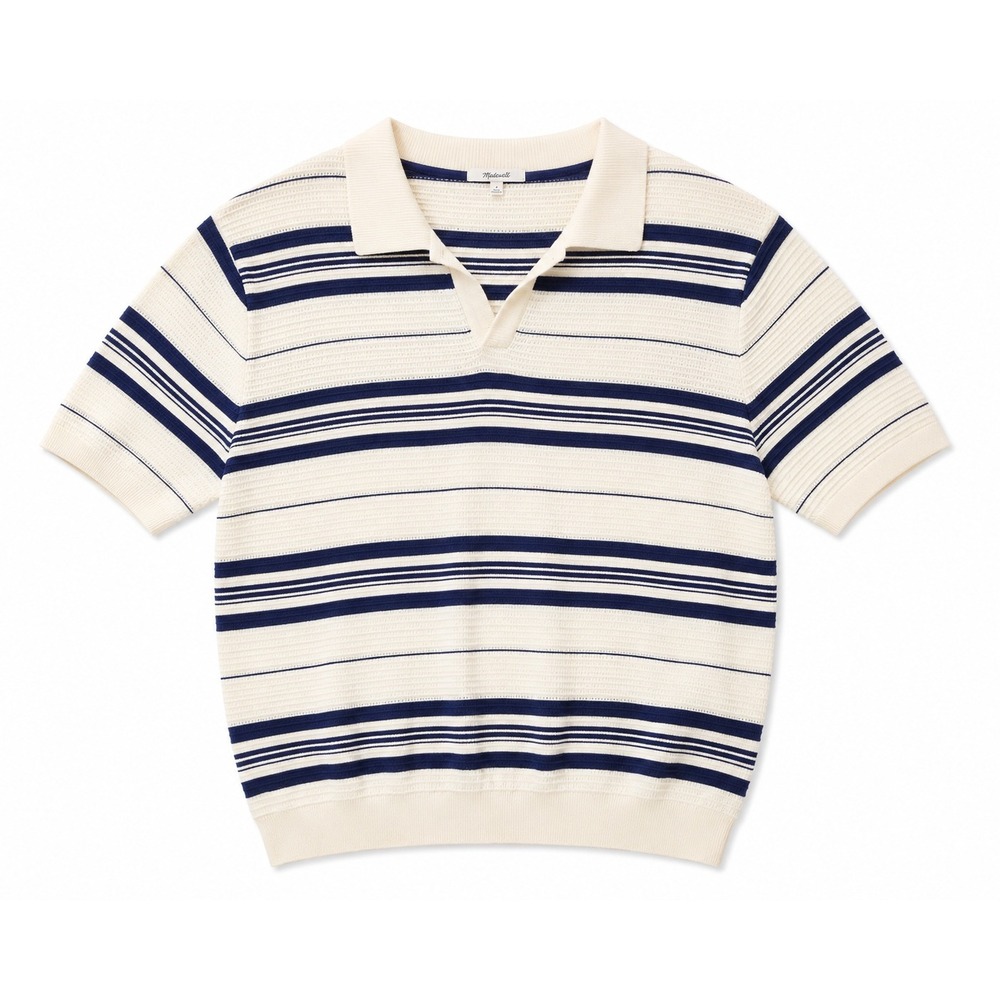 Madewell Men's Large Striped Knit Polo Shirt Cream Navy Blue Short Sleeve Cotton